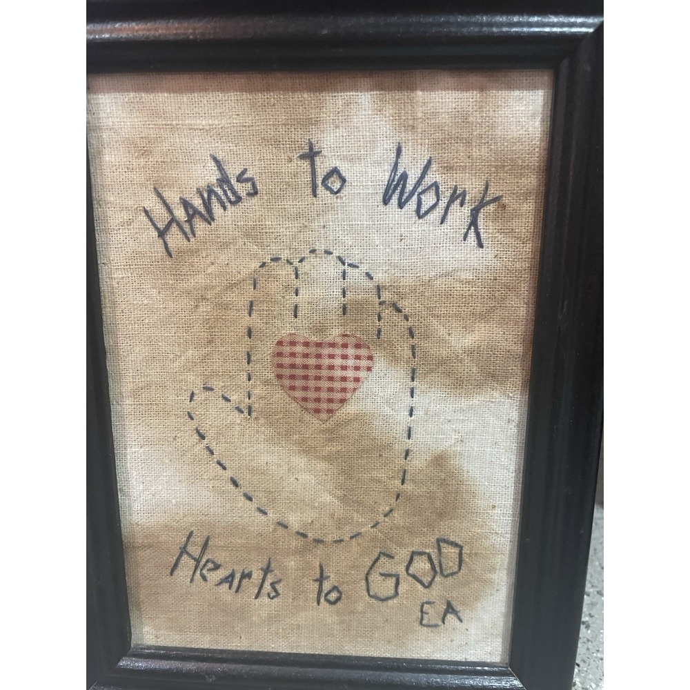 Primitive Rustic Embroidery Edith Anne Hearts to God Framed Artist Signed 1995